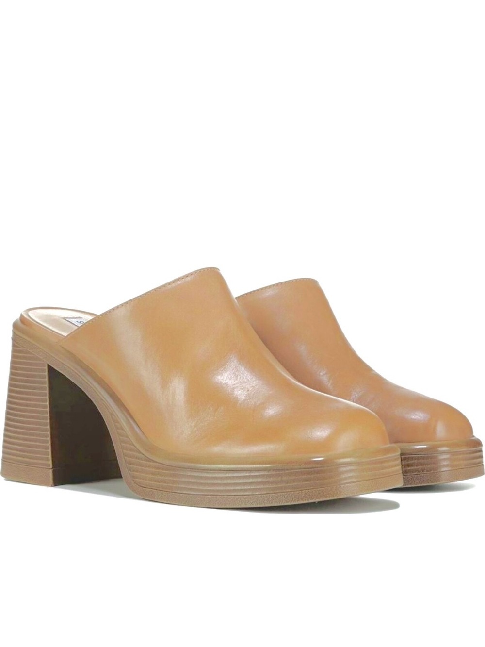 STEVE MADDEN FLIRTIE SQUARE-TOE CHUNKY PLATFORM HONEY-TAN MULES CLOGS NEW Sz7.5